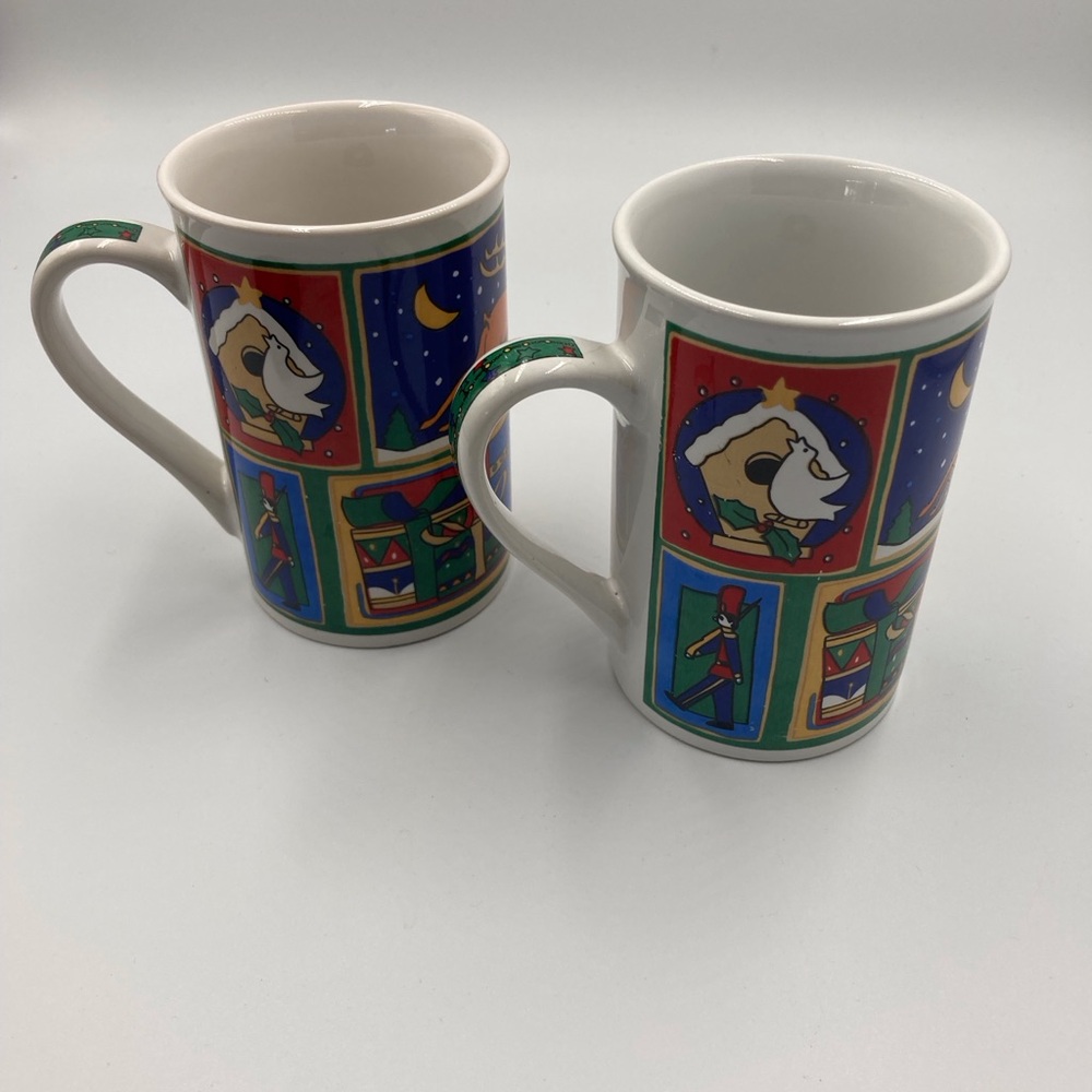 Vintage Colorful Christmas scenes Holiday Mugs (set of 2) 12 oz.